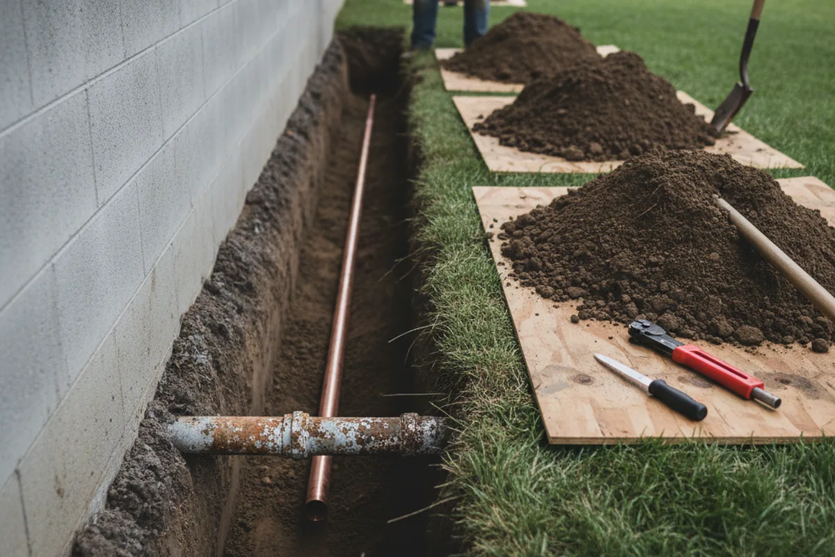 Excavated water line trench during Water Heater Repair in Nemacolin